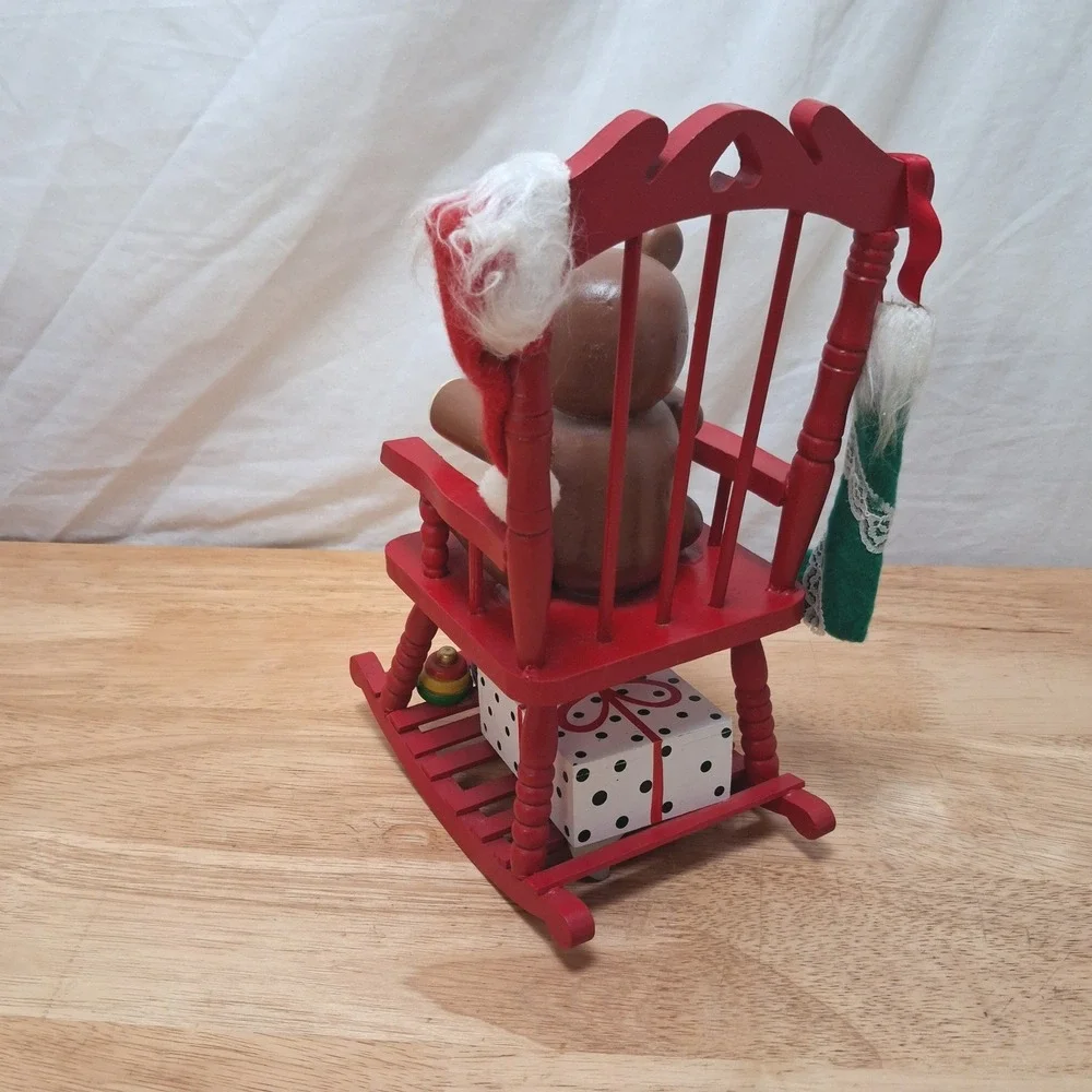 Vintage Teddy Bear Rocking Chair Musical Christmas Decor Red OS Good Pre-owned